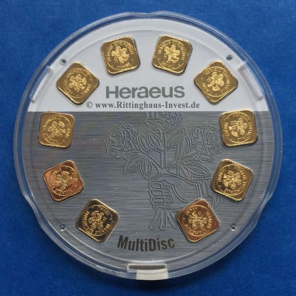 MuliDisc Heraeus 10 x 1g Goldbarren 999.9 Feingold